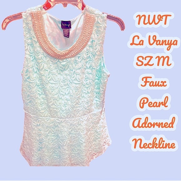NWT La Vanya faux pearl adorned neckline Mint Green Lacey blouse SZMED Pull over - Picture 5 of 7